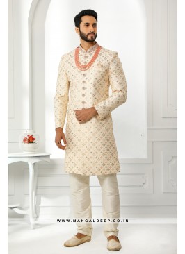 Pristine Cream Embroidered Art SIlk Wedding Wear Sherwani Set