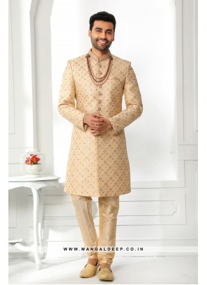 Pristine Beige Embroidered Art SIlk Wedding Wear Sherwani Set