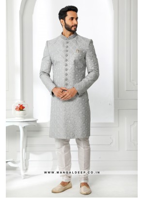 Pristine Grey Embroidered Art SIlk Wedding Wear Sherwani Set