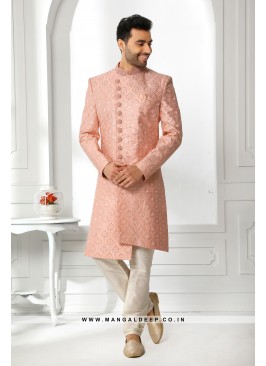 Pristine Peach Embroidered Art SIlk Wedding Wear Sherwani Set