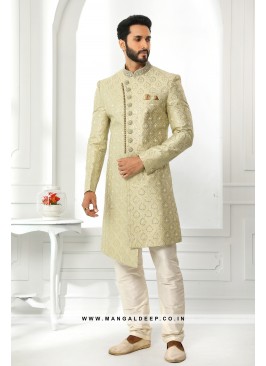 Pristine Green Embroidered Art SIlk Wedding Wear Sherwani Set