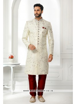 Pristine Cream Embroidered Art SIlk Wedding Wear Sherwani Set