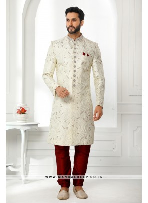 Pristine Cream Embroidered Art SIlk Wedding Wear Sherwani Set