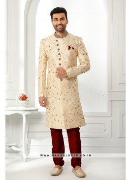 Pristine Beige Embroidered Art SIlk Wedding Wear Sherwani Set