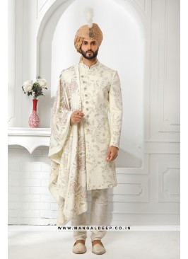 Pristine Cream Embroidered Art SIlk Wedding Wear S