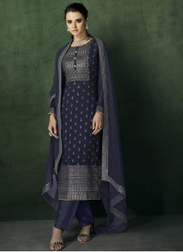 Pristine Embroidered Navy Blue Faux Georgette Designer Straight Suit