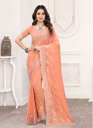 Pristine Faux Georgette Resham Peach Classic Designer Saree