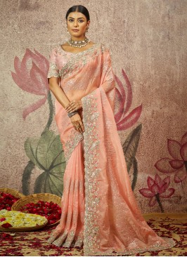 Pristine Peach Embroidered Contemporary Saree