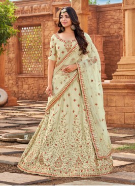 Prodigious Embroidered Green Satin Designer A Line Lehenga Choli