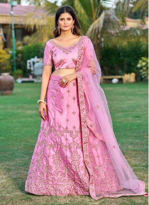 Prodigious Embroidered Satin Pink A Line Lehenga Choli