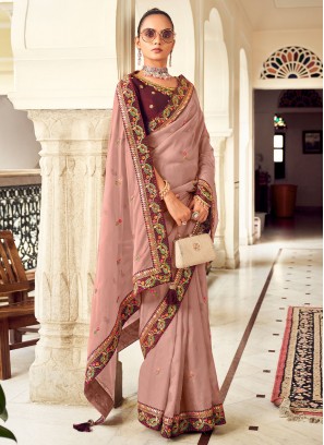 Prodigious Georgette Embroidered Rose Pink Designer Saree