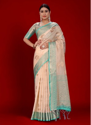 Prodigious Organza Peach Contemporary Saree