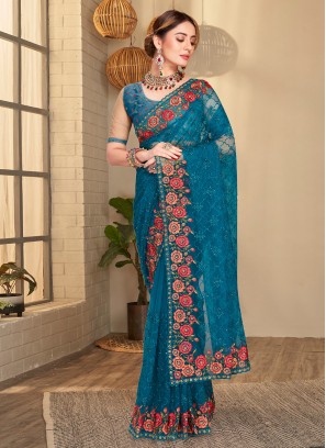 Prodigious Resham Net Teal Trendy Saree