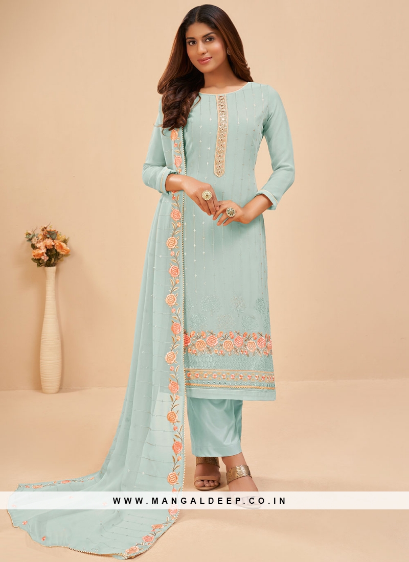 Prodigious Sequins Turquoise Trendy Salwar Kameez 