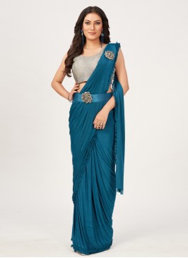 Prodigious Teal Plain Trendy Saree