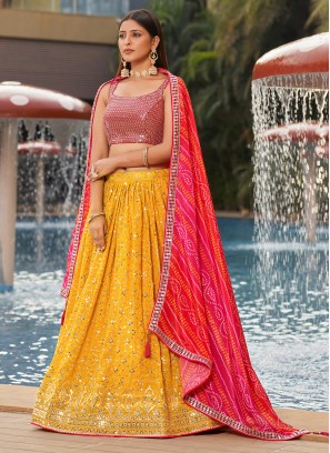 Prodigious Yellow Embroidered Georgette A Line Lehenga Choli