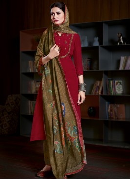 Prominent Faux Crepe Red Embroidered Designer Pakistani Suit