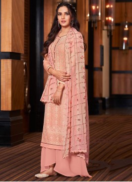 Prominent Faux Georgette Pink Embroidered Designer Pakistani Salwar Suit