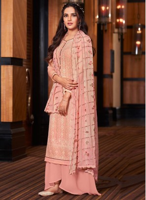 Prominent Faux Georgette Pink Embroidered Designer Pakistani Salwar Suit