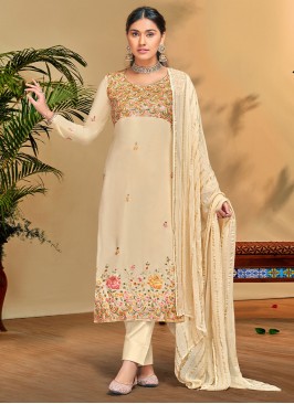 Prominent Georgette Beige Sequins Pant Style Suit