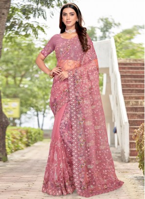 Prominent Resham Pink Net Trendy Saree