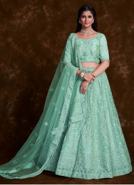 Prominent Sea Green Thread Organza Trendy Lehenga Choli