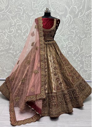 Prominent Velvet Beige Embroidered A Line Lehenga Choli