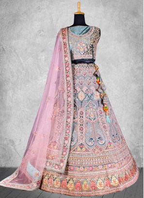 Prominent Velvet Embroidered A Line Lehenga Choli
