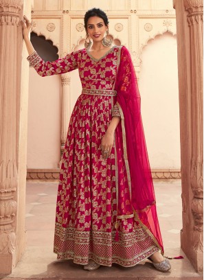 pure-dola Hot Pink Embroidered Trendy Anarkali Salwar Kameez