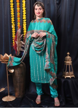 Pure Georgette Churidar Salwar Kameez in Turquoise