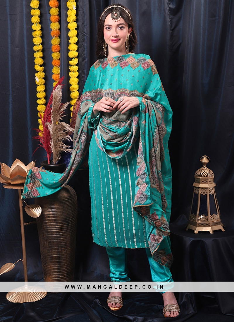 Pure Georgette Churidar Salwar Kameez in Turquoise