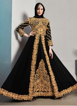 Pure Georgette Embroidered Black Designer Floor Length Suit