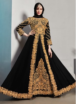 Pure Georgette Embroidered Black Designer Floor Length Suit