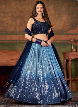 Pure Georgette Embroidered Blue Readymade Lehenga Choli