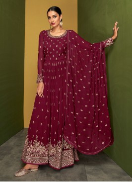 Pure Georgette Maroon Embroidered Palazzo Designer Suit