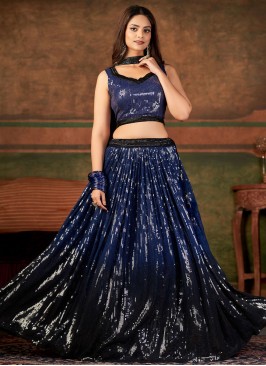 Pure Georgette Sequins Navy Blue A Line Lehenga Choli