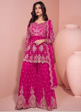 Pure Georgette Sequins Palazzo Salwar Kameez in Rani