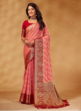 Pure Georgette Weaving Rose Pink Designer Saree