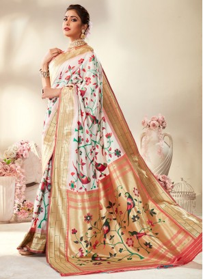 Pure Silk Gold and White Contemporary Style Saree