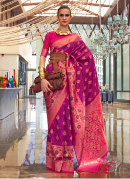 Purple and Rani Reception Handloom silk Traditional Saree