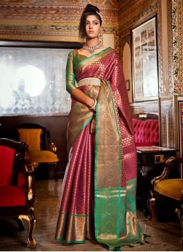 Purple and Turquoise Kanjivaram Silk Contemporary Style Saree