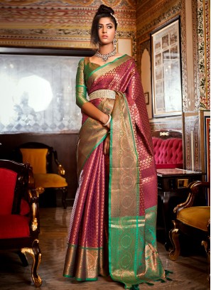 Purple and Turquoise Kanjivaram Silk Contemporary Style Saree