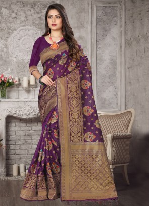 Purple Art Banarasi Silk Festival Traditional Designer Saree