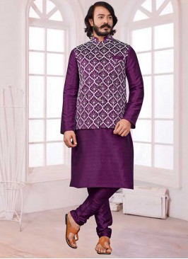 Purple Color Art Silk Mens Jacket Set