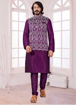 Purple Color Art Silk Mens Kurta Jacket Set