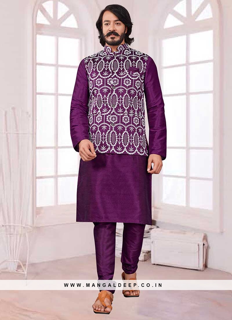 Purple Color Art Silk Mens Kurta Jacket Set