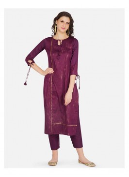 Purple Color Cotton Kurti With Bottom