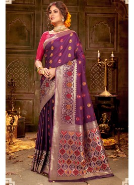Purple Color Designer Saree In Silk Fabric