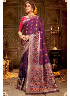 Purple Color Designer Saree In Silk Fabric