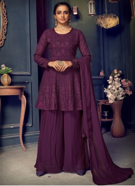 Purple Color Embroidered Georgette Sharara Suit